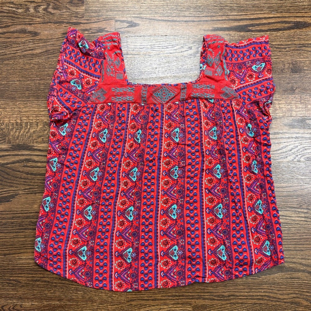 Torrid Boho Top 2X Red Geometric Embroidered Square Neck Blouse